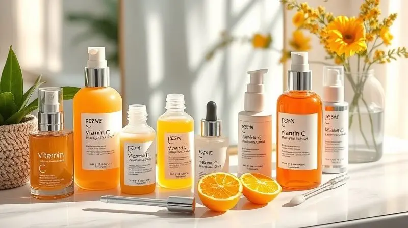 Rotina de skincare com produtos de vitamina C, respondendo dúvidas comuns sobre uso e benefícios para o rosto.