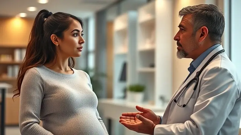 Gestante consultando médico sobre efeitos colaterais do Materna, cena profissional em clínica moderna.