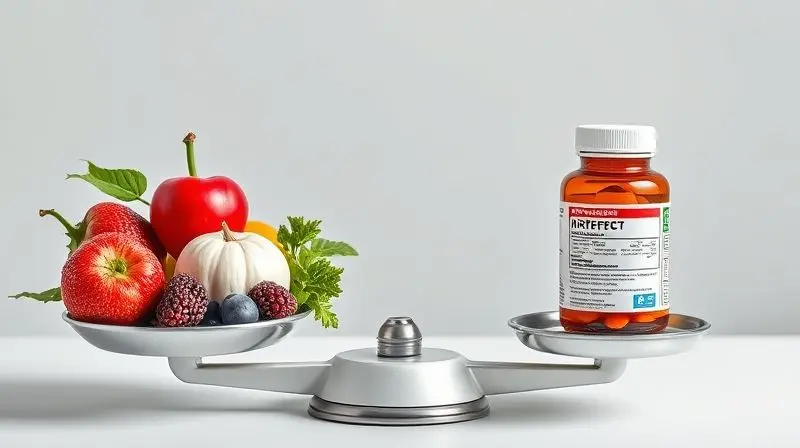 Báscula equilibrada ilustrando efeitos da vitamina em peso e riscos colaterais.