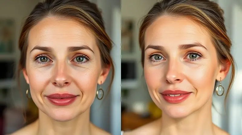 Antes e depois do uso de sérum de vitamina C: pele revitalizada e iluminada em close-up.