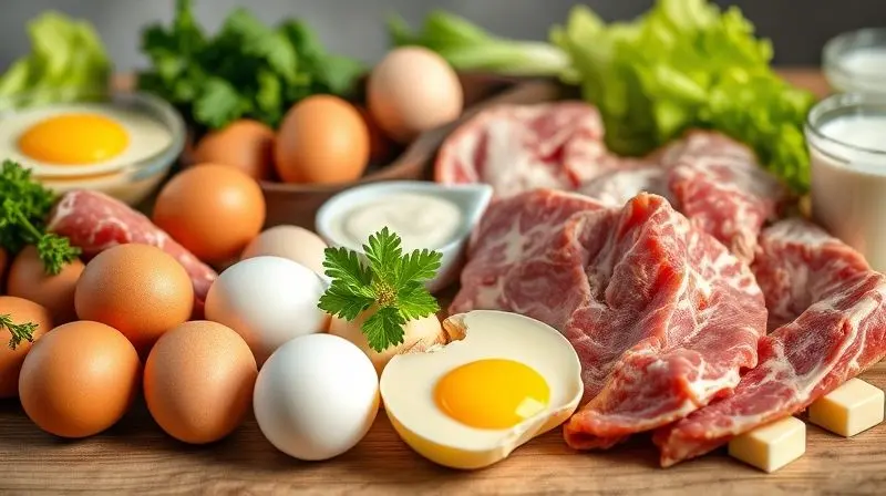 Fontes naturais de vitamina B12 como ovos e carnes em composição saudável.