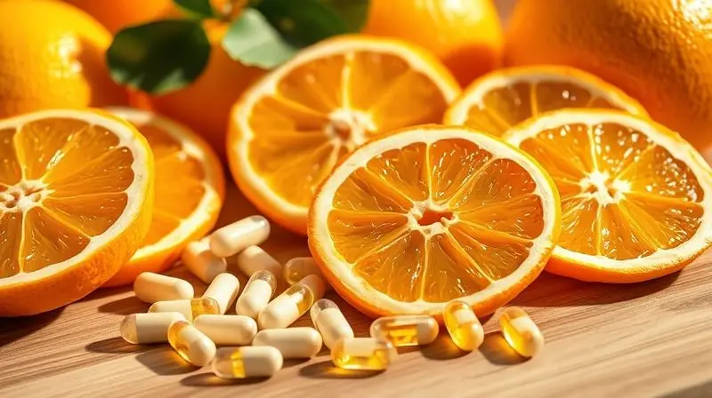 Fontes naturais de vitamina C como laranjas frescas e suplementos para saúde reprodutiva.