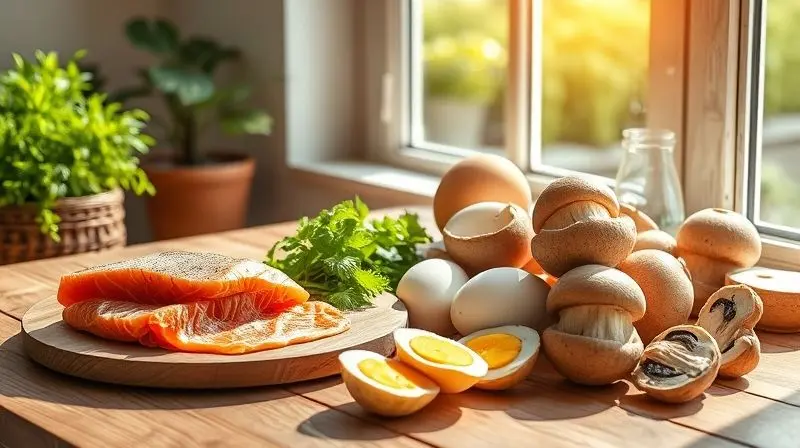 Alimentos ricos em vitamina D como salmão e ovos com exposição solar natural.