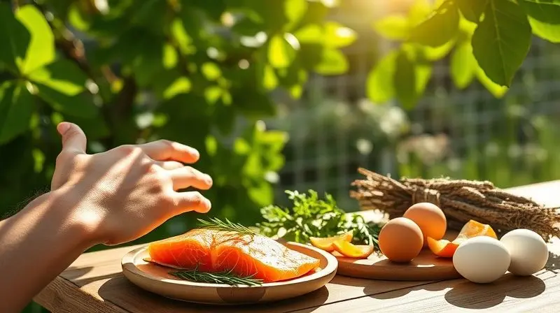 Fontes naturais de vitamina D como sol e alimentos para saúde óssea.