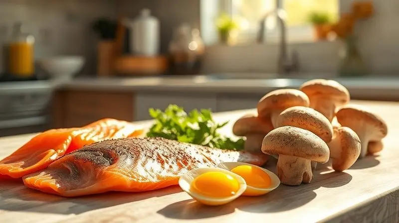 Fontes naturais de vitamina D incluindo salmão, ovos e cogumelos para saúde óssea em homens acima de 50.
