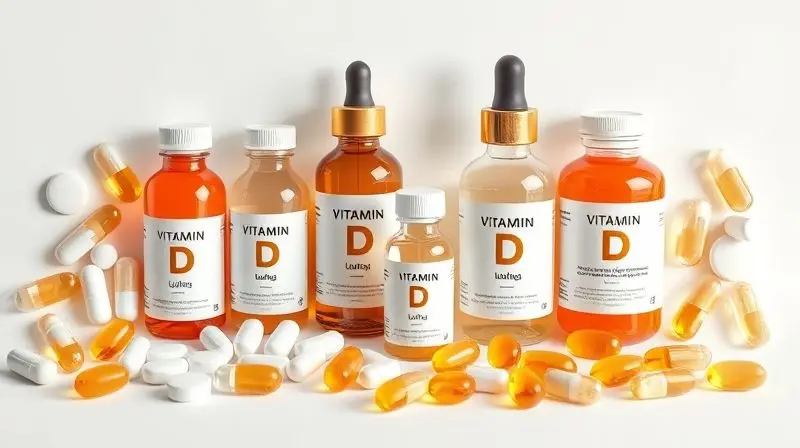 Formatos variados de suplementos de vitamina D: comprimidos, gotas e cápsulas.