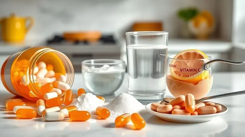 Diferentes formatos de suplementos de vitamina C: cápsulas, efervescentes e mais.