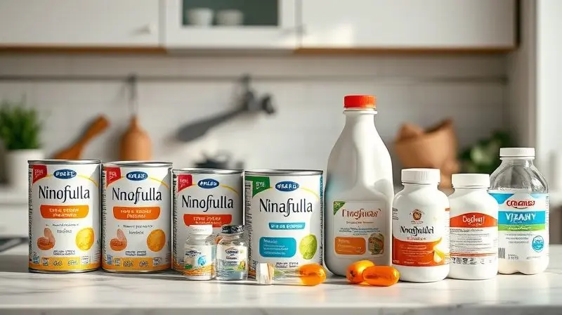 Fórmulas infantis, compostos lácteos e vitaminas para crianças, arranjo de produtos nutricionais.