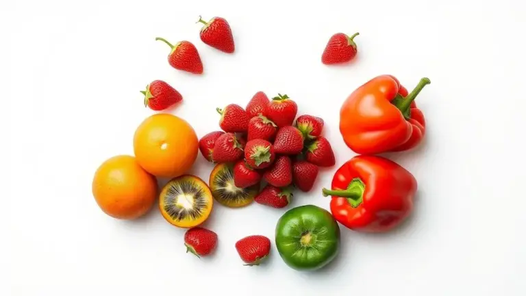 Frutas e vegetais ricos em vitamina C em composição fotográfica profissional e simétrica, destacando benefícios para a saúde.