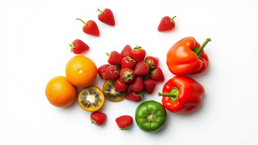 Frutas e vegetais ricos em vitamina C em composição fotográfica profissional e simétrica, destacando benefícios para a saúde.