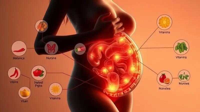 Funcionamento do suplemento Materna no corpo de gestante, nutrientes sendo absorvidos para saúde fetal e materna.