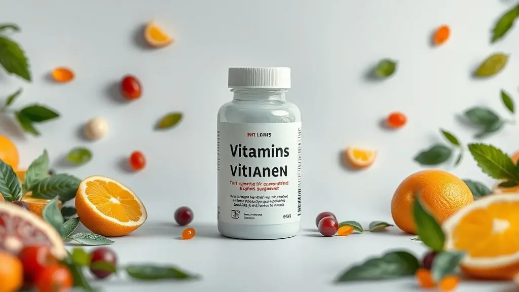 Frasco de polivitamínico genérico em estúdio profissional, ilustrando qualidade e variedade de suplementos para saúde diária.