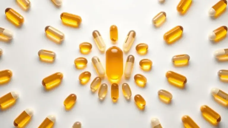 Composição simétrica de cápsulas e gotas de suplemento de vitamina D para benefícios à saúde e bem-estar geral.