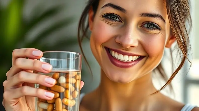 Mulher saudável consumindo vitaminas para manter o equilíbrio nutricional e vitalidade diária.