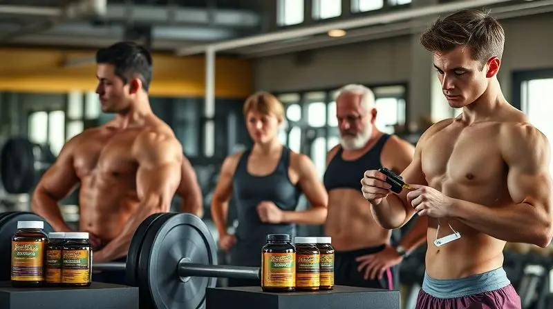 Pessoas variadas utilizando suplementos para ganho de massa em academia, público-alvo diverso.
