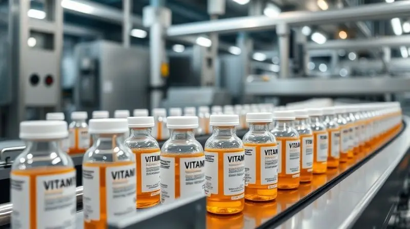 Linha de produção de vitaminas em fábrica moderna, enfatizando qualidade e variedade de suplementos Lavitan.