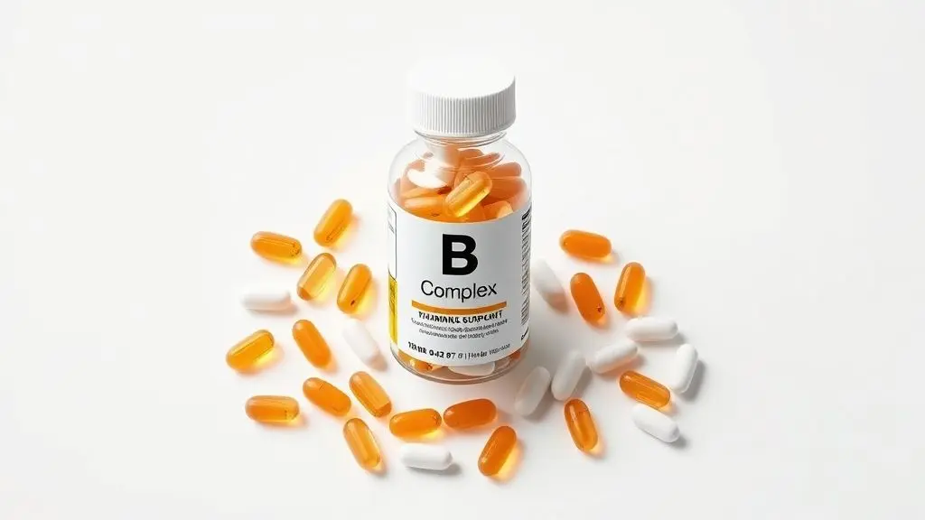 Frasco de complexo B genérico em fotografia profissional para suplementação de vitaminas do grupo B.