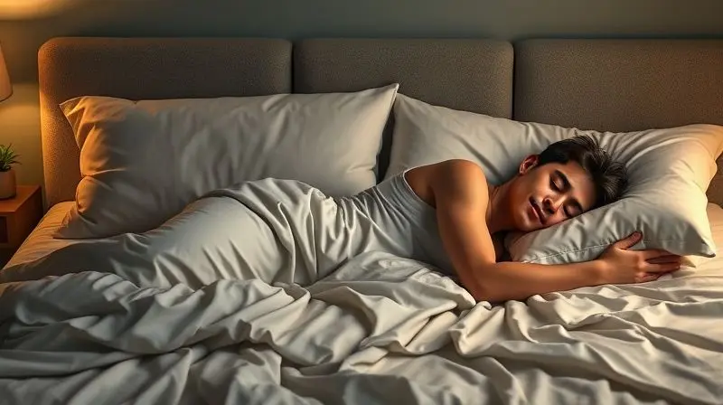 Pessoa dormindo na posição lateral ideal em cama confortável para melhorar a qualidade do sono noturno.