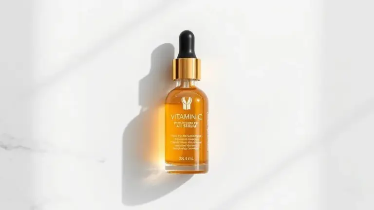 Frasco de sérum de vitamina C para o rosto, unbranded, com gotas douradas, ideal para tratamento anti-idade e clareamento da pele.