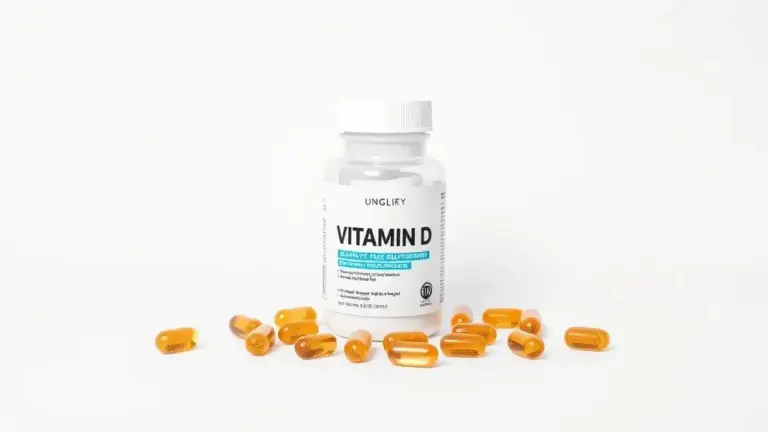 Frasco de suplemento de vitamina D profissional e ultra-realista para saúde óssea e imunidade.
