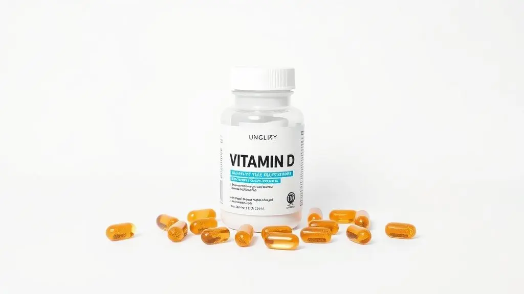 Frasco de suplemento de vitamina D profissional e ultra-realista para saúde óssea e imunidade.
