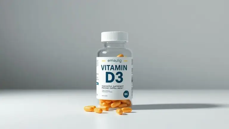 Suplemento de vitamina D3 em frasco para saúde óssea e imunidade, escolha ideal para 2025.