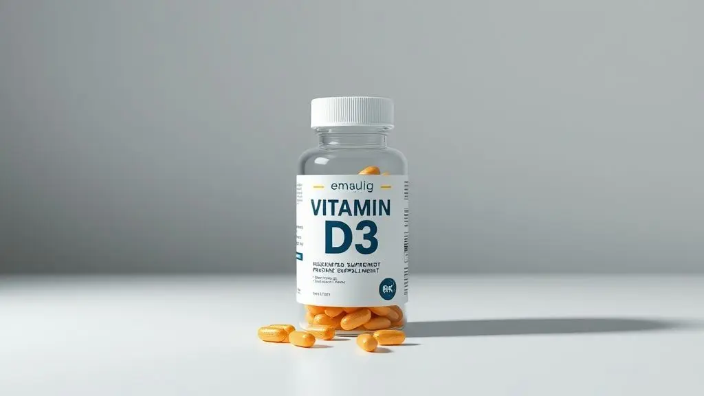 Suplemento de vitamina D3 em frasco para saúde óssea e imunidade, escolha ideal para 2025.