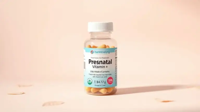 Frasco genérico de vitamina pré-natal para gestantes em composição simétrica e profissional, ideal para saúde materna.