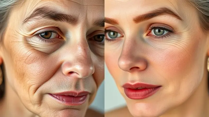 Comparação de pele antes e depois do uso de vitaminas para rejuvenescimento.