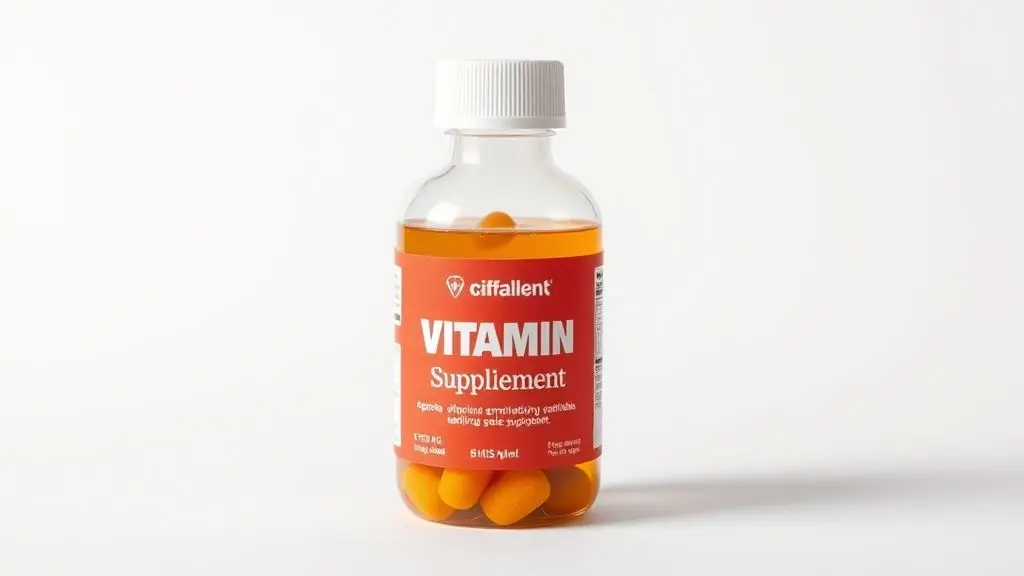 Frasco de vitamina sem marca para estimular apetite em crianças, fotografia profissional em estúdio com iluminação suave.