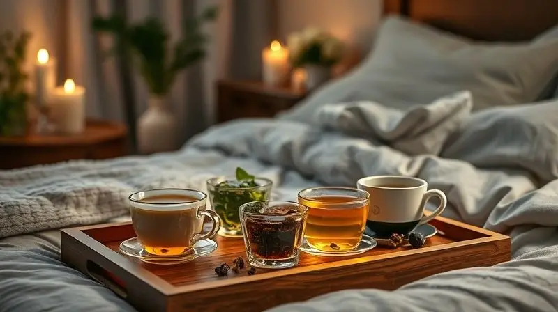 Xícaras de chás calmantes como camomila e valeriana em bandeja, ideais para relaxar e dormir melhor à noite.