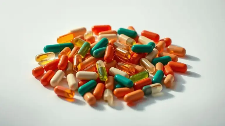 Fotografia profissional de cápsulas de multivitamínicos coloridas em arranjo simétrico, destacando benefícios para a saúde diária.