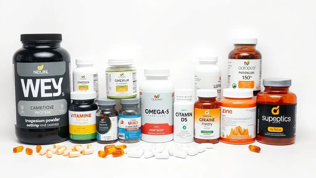 Suplementos essenciais para mulheres após os 40 anos: whey protein, ômega-3, probióticos e mais, em composição fotográfica profissional.