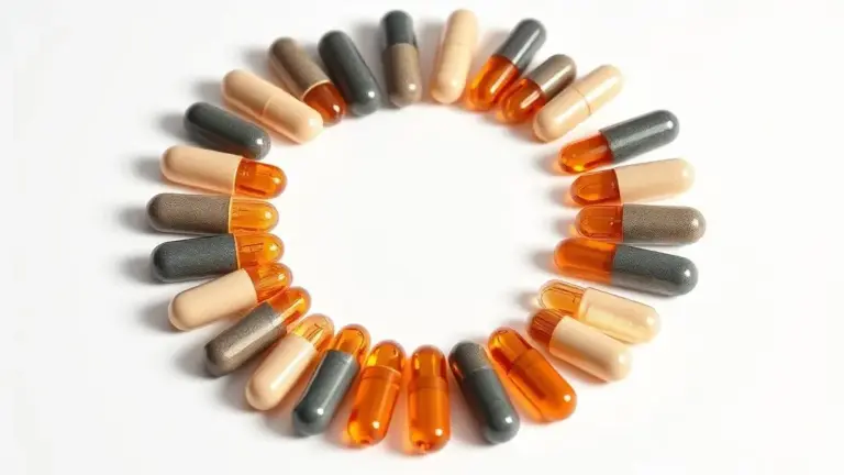 Suplementos de ferro e vitamina C em cápsulas, disposição simétrica e iluminação profissional para melhor absorção de nutrientes.