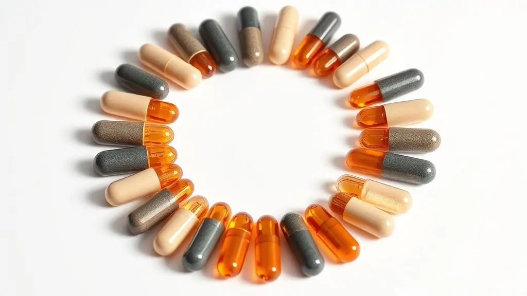 Suplementos de ferro e vitamina C em cápsulas, disposição simétrica e iluminação profissional para melhor absorção de nutrientes.
