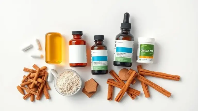 Composição de suplementos naturais sem marca para controle da diabetes, como magnésio, cromo e ômega-3, em fotografia profissional de estúdio.