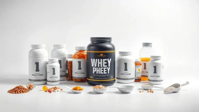 Arranjo simétrico de suplementos para engordar sem marcas, como whey protein e creatina, em fotografia profissional de estúdio.