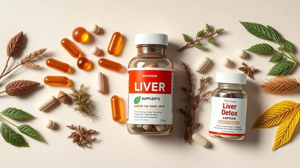 Suplementos naturais para proteger e desintoxicar o fígado em composição profissional e simétrica.