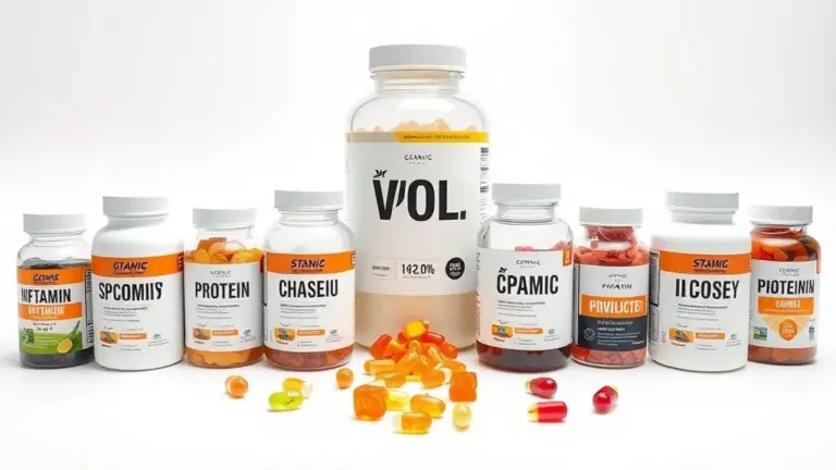 Suplementos nutricionais essenciais para recuperação pós-cirurgia bariátrica, incluindo multivitamínicos e proteínas em composição simétrica.