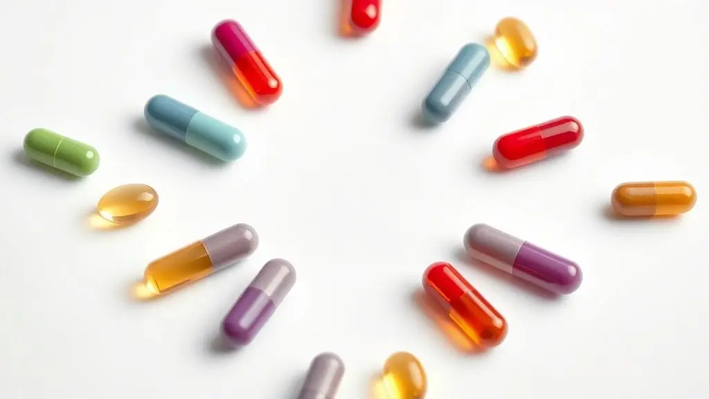 Suplementos unbranded para varizes e circulação sanguínea, arranjados simetricamente em fotografia profissional.