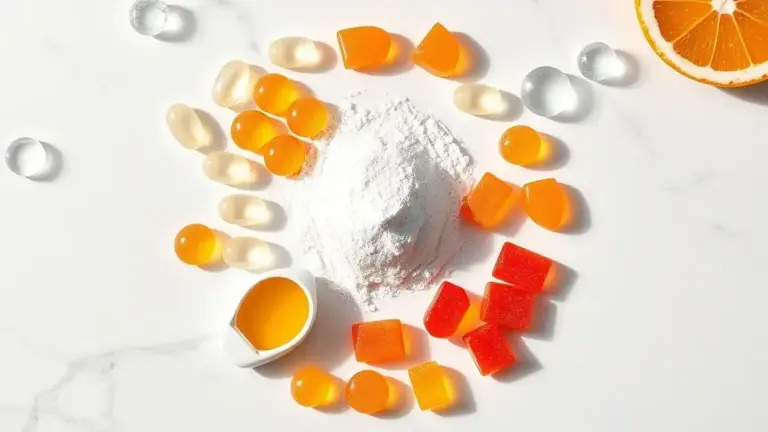 Suplementos de vitamina C em cápsulas, efervescentes, pó e mastigáveis para saúde e imunidade em 2025.