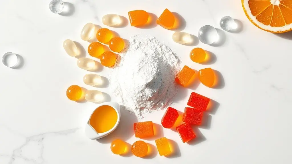 Suplementos de vitamina C em cápsulas, efervescentes, pó e mastigáveis para saúde e imunidade em 2025.