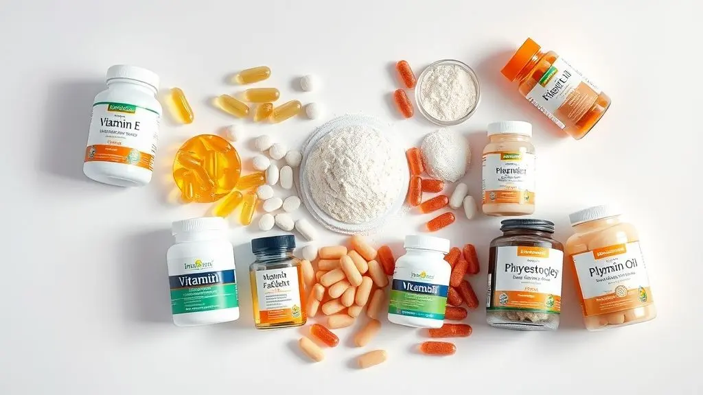 Suplementos alimentares essenciais para menopausa: vitaminas E, D, C, cálcio e ômega 3 para aliviar sintomas.