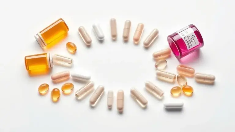 Suplementos de vitaminas unbranded para fortalecer cabelo, unhas e pele, em composição simétrica profissional.
