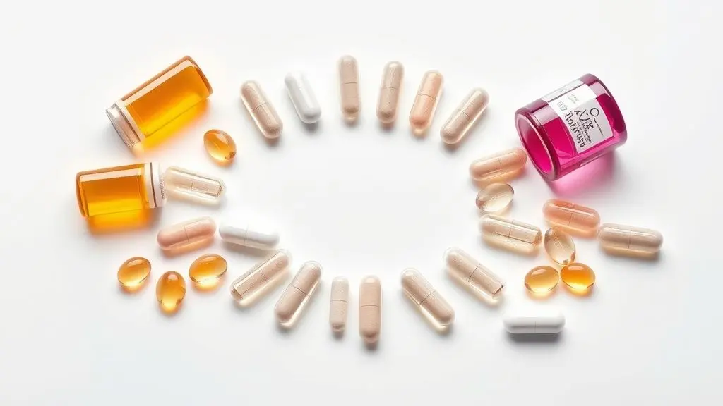Suplementos de vitaminas unbranded para fortalecer cabelo, unhas e pele, em composição simétrica profissional.