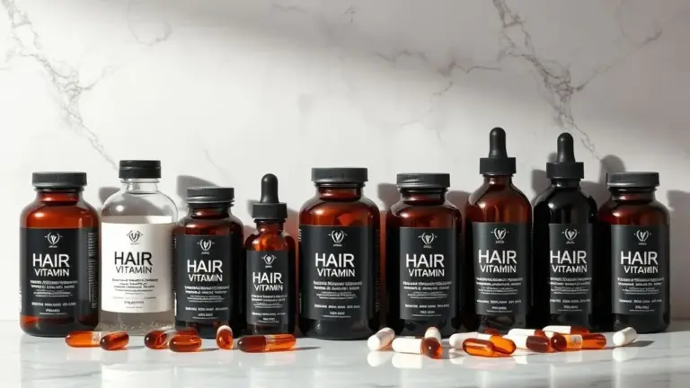 Conjunto de frascos de vitaminas capilares sem marca sobre uma superfície de mármore branco, com iluminação profissional destacando o brilho.