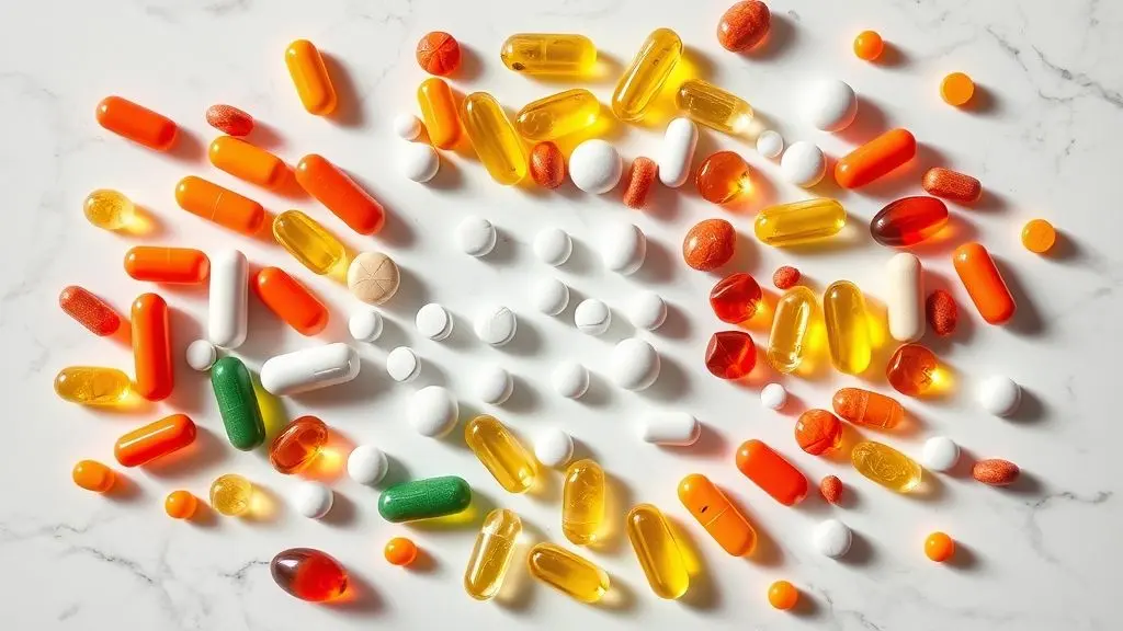 Composição de vitaminas e suplementos unbranded para combater fraqueza corporal e aumentar energia diária.