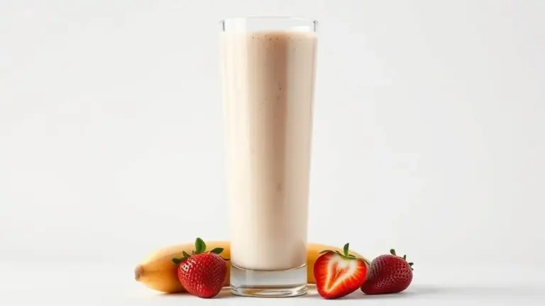 Vitamina proteica cremosa de banana e morango para ganho de massa muscular e hipertrofia muscular.