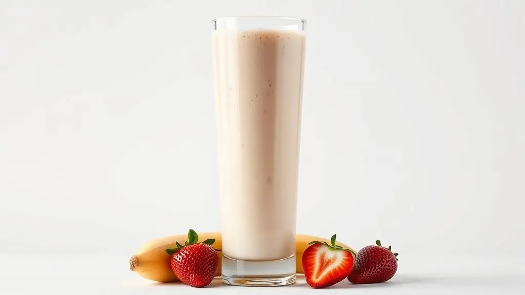 Vitamina proteica cremosa de banana e morango para ganho de massa muscular e hipertrofia muscular.