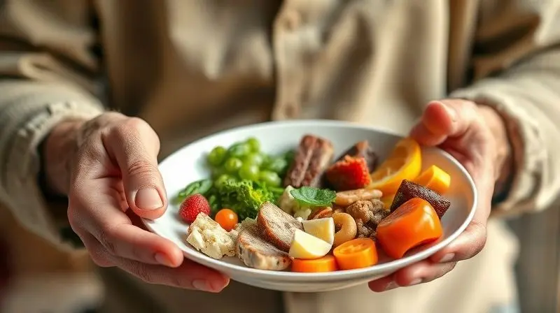 Mudanças nutricionais em idosos: prato equilibrado com alimentos ricos em vitaminas essenciais.